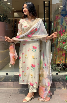 Elegant White Chanderi Suit with Organza Dupatta