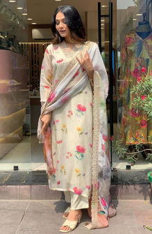 Elegant White Chanderi Suit with Organza Dupatta