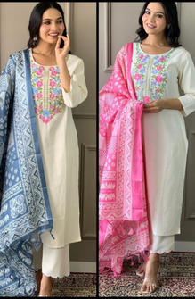 Elegant Off White Khadi Cotton Embroidery Set With Sky Blue Dupatta