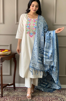 Elegant Off White Khadi Cotton Embroidery Set With Sky Blue Dupatta